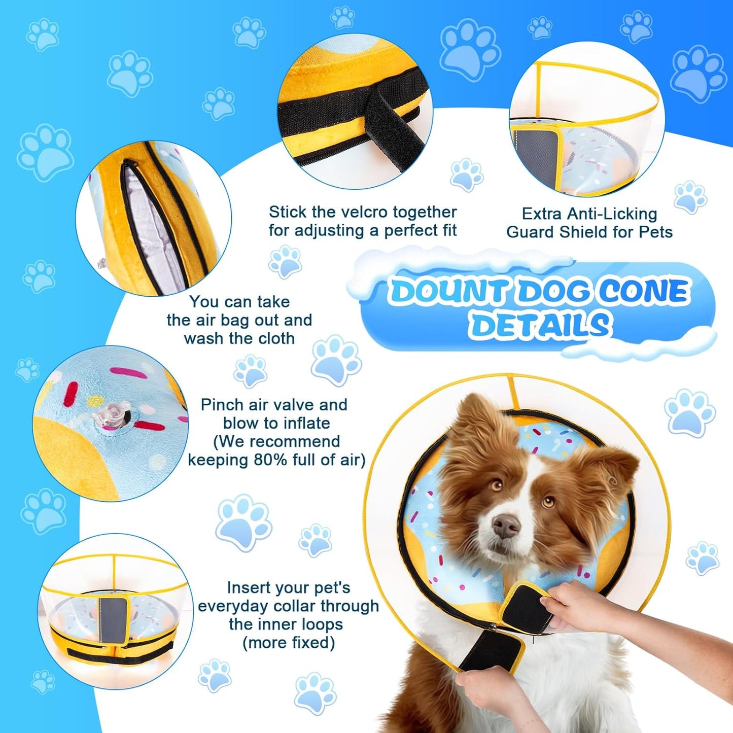 Cneo dog inflatable neck cone fully inflated showing the durable blue inner ring and colorful sprinkles.
