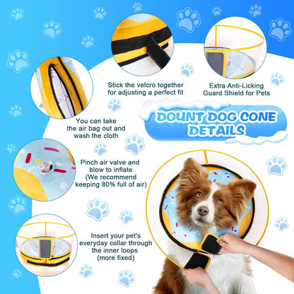 Cneo dog inflatable neck cone fully inflated showing the durable blue inner ring and colorful sprinkles.