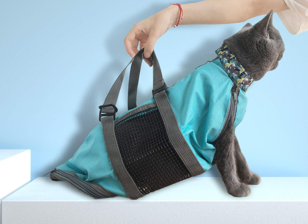 Cinf cat restraint bag being used on a table during grooming