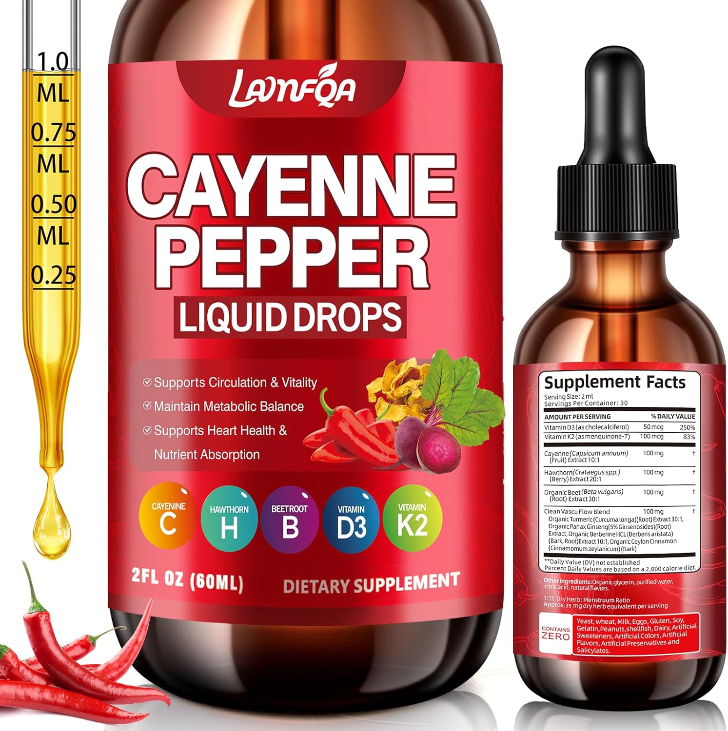 LAMFQA Cayenne Pepper Liquid Drops two fluid ounce bottle front view for metabolism support