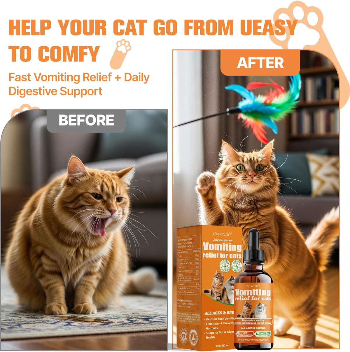 Qanoreth feline probiotic drops for hairball control and gut health