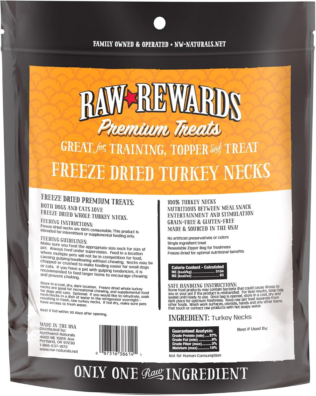 Whole freeze dried turkey neck pieces for dogs and cats