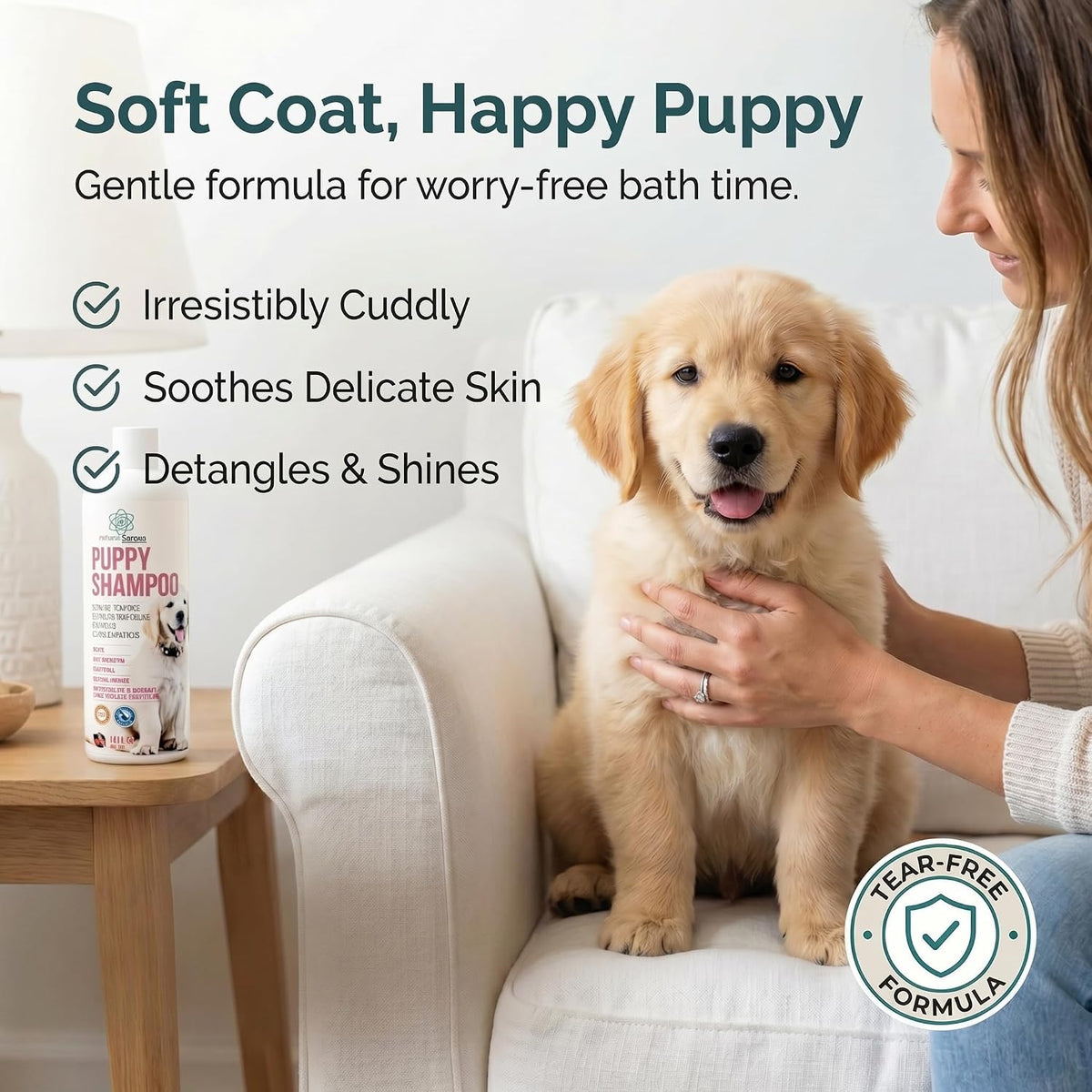 Golden Retriever puppy being bathed with tearless pet shampoo