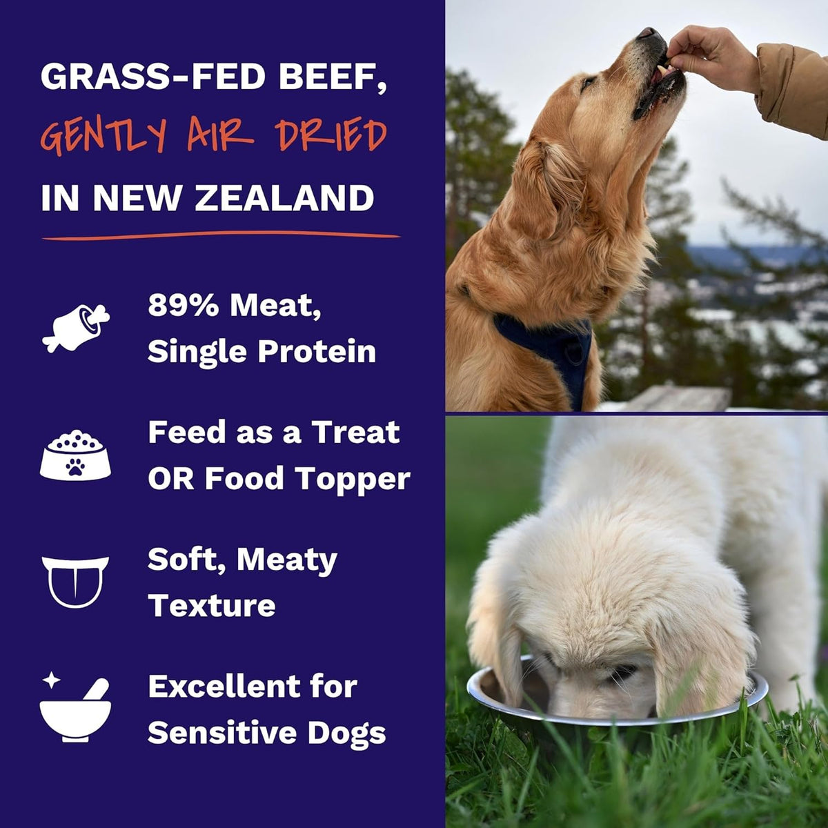 Best Breed air-dried grass-fed New Zealand beef dog food topper packaging close up