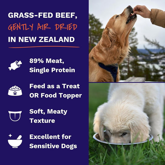 Best Breed air-dried grass-fed New Zealand beef dog food topper packaging close up