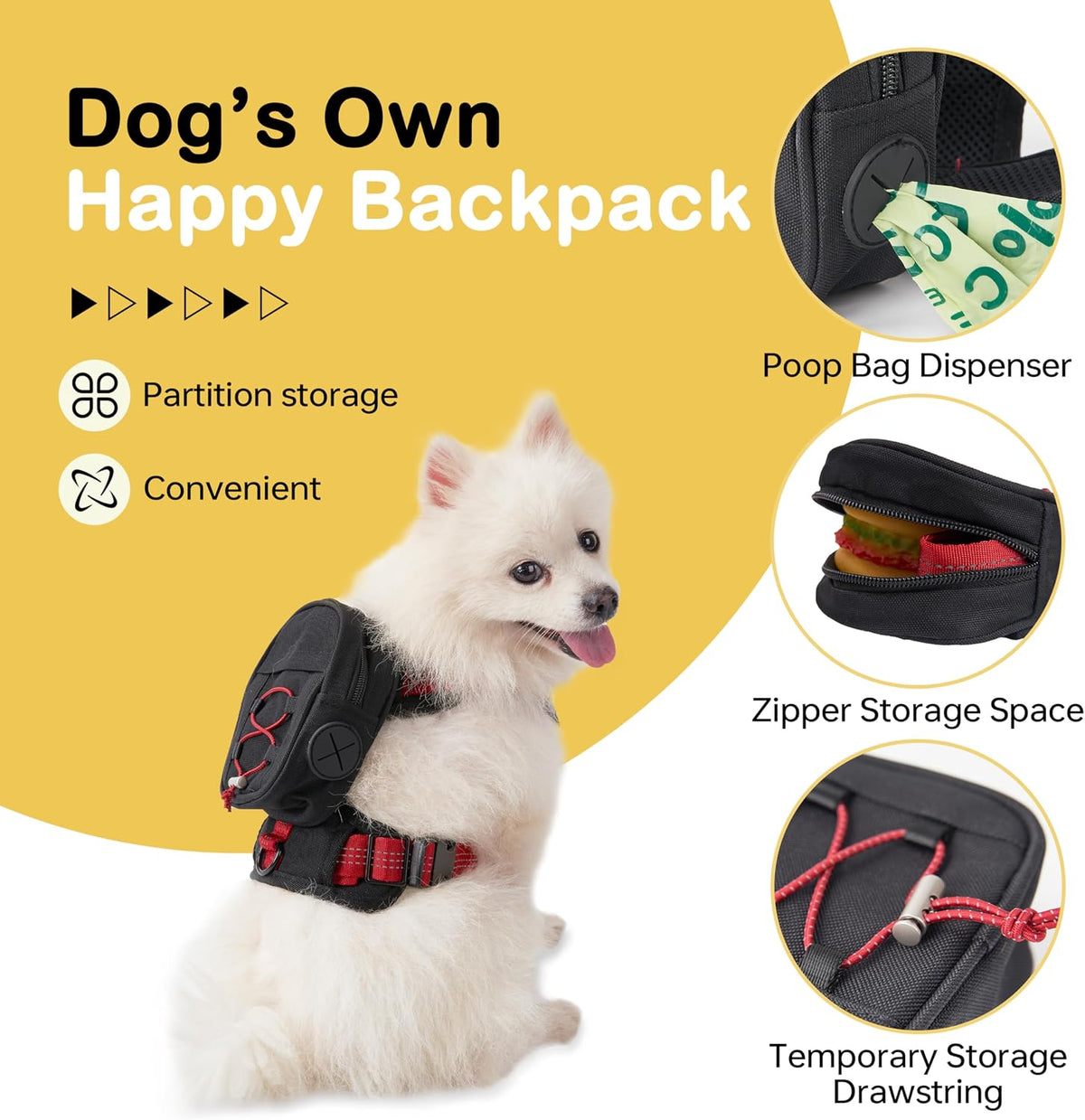 Side view of small dog wearing Moysoon black backpack harness