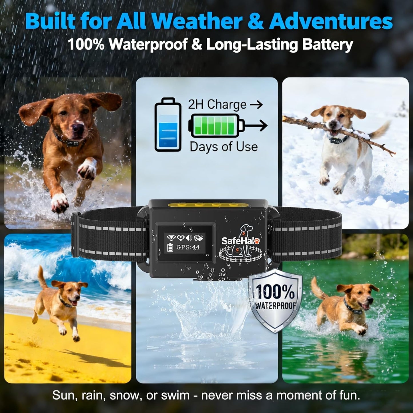 Smart invisible dog fence collar illustrating the satellite boundary tracking system.
