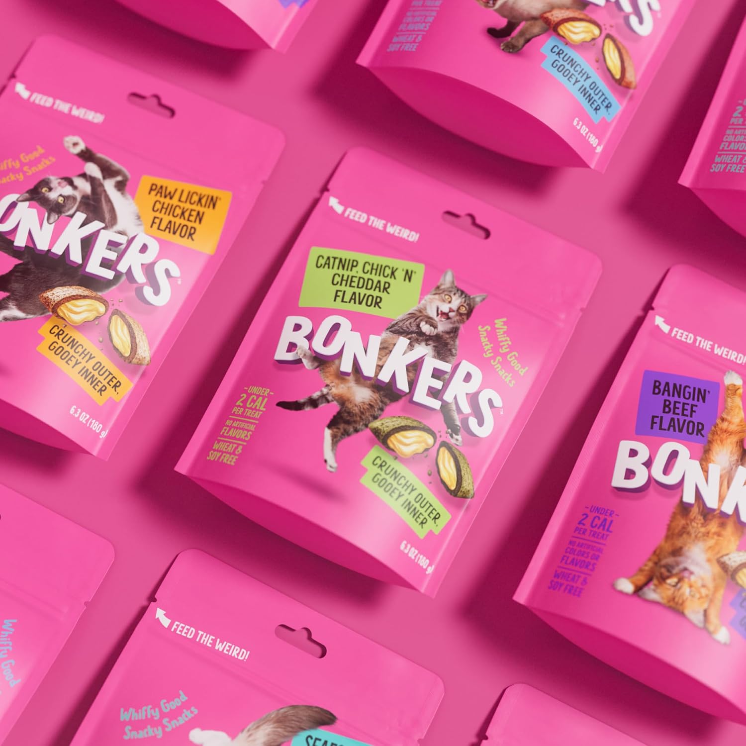 Bonkers Bites cat treats tub with feline nutritional information label