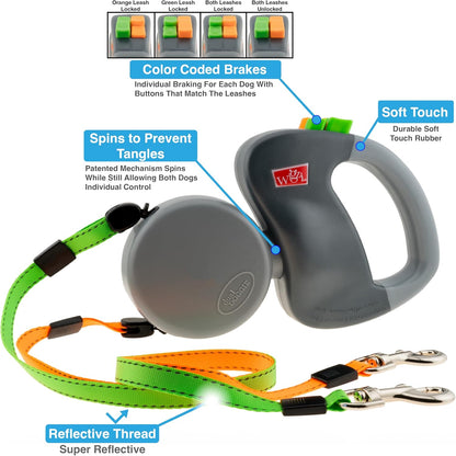 Wigzi dual dog leash showing color-coded control buttons