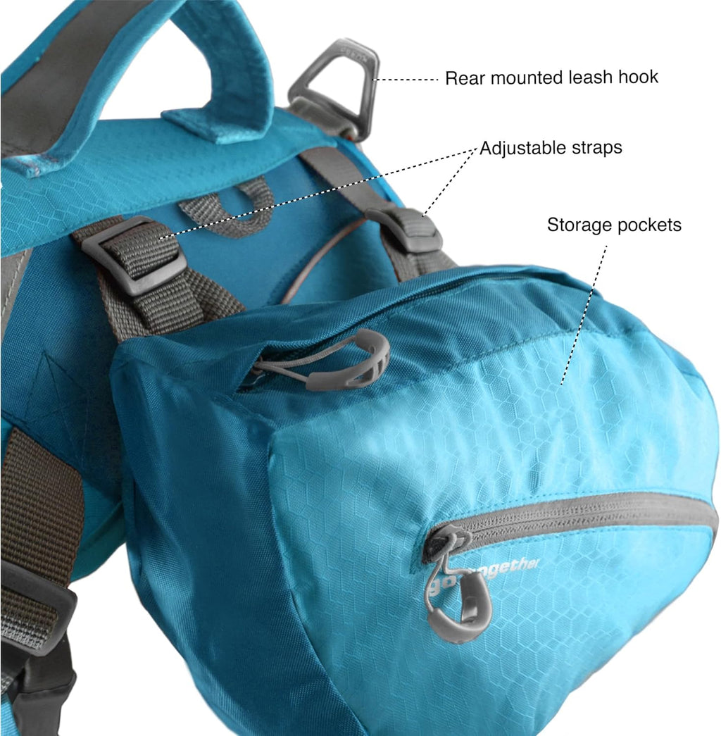 Ergonomic dog harness and backpack combo with rear leash ring