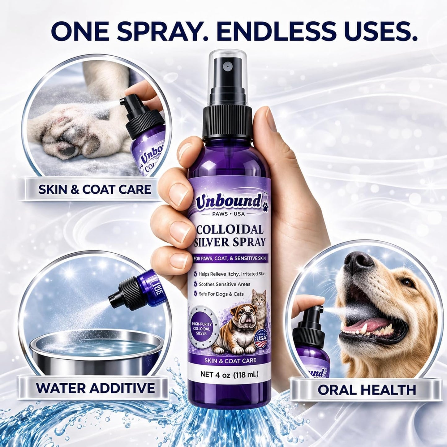 Natural colloidal silver mist for pet hot spots and irritated skin relief