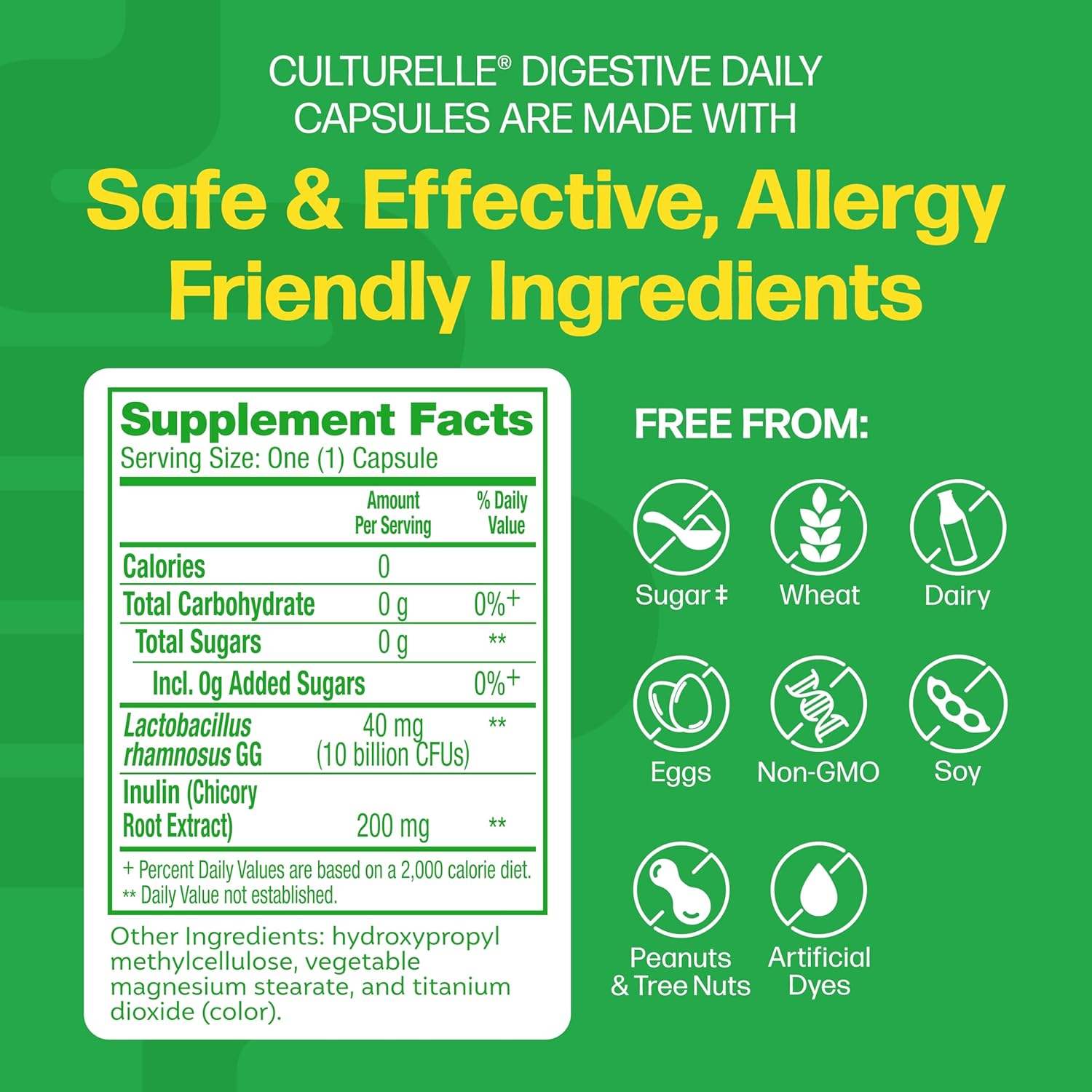 Culturelle vegetarian capsules side view displaying supplement facts and ten billion CFUs info