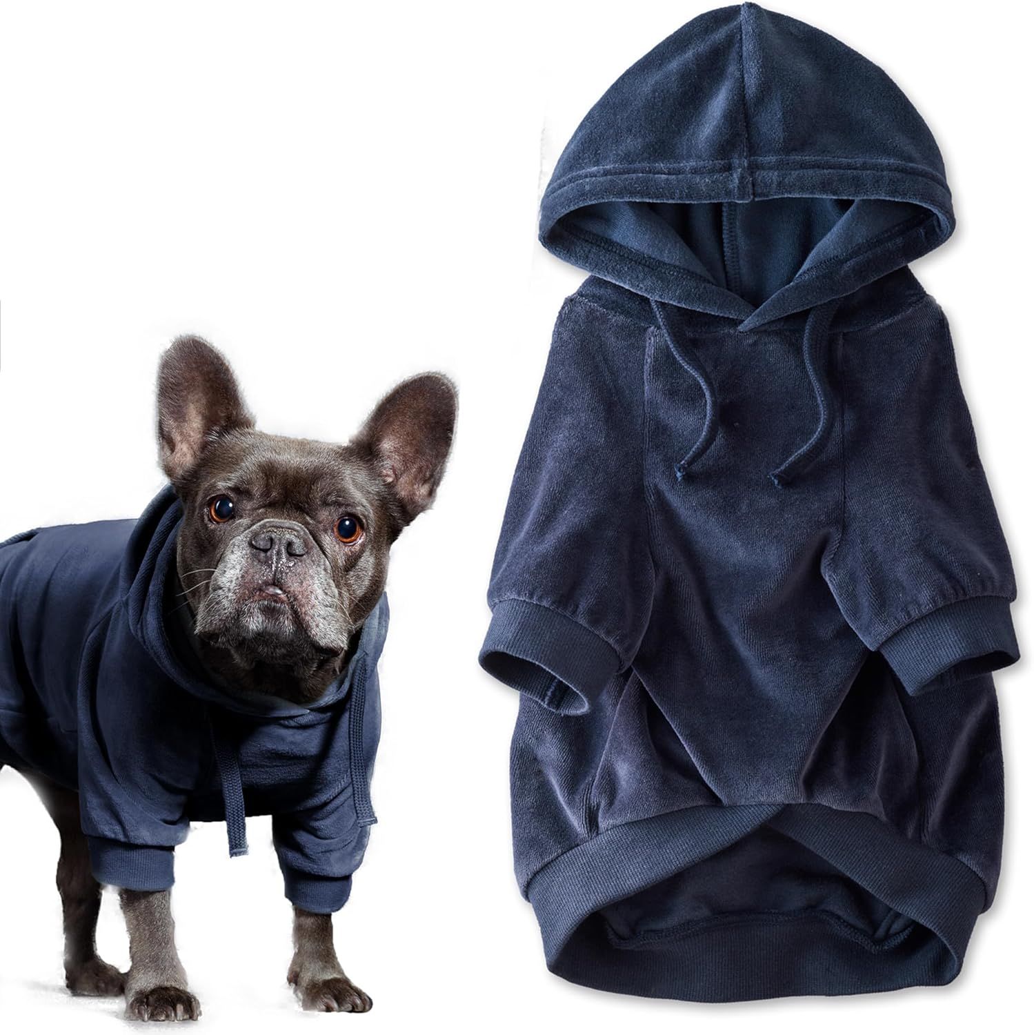 Pet Passion Cooper II organic cotton velour dog hoodie navy blue front view