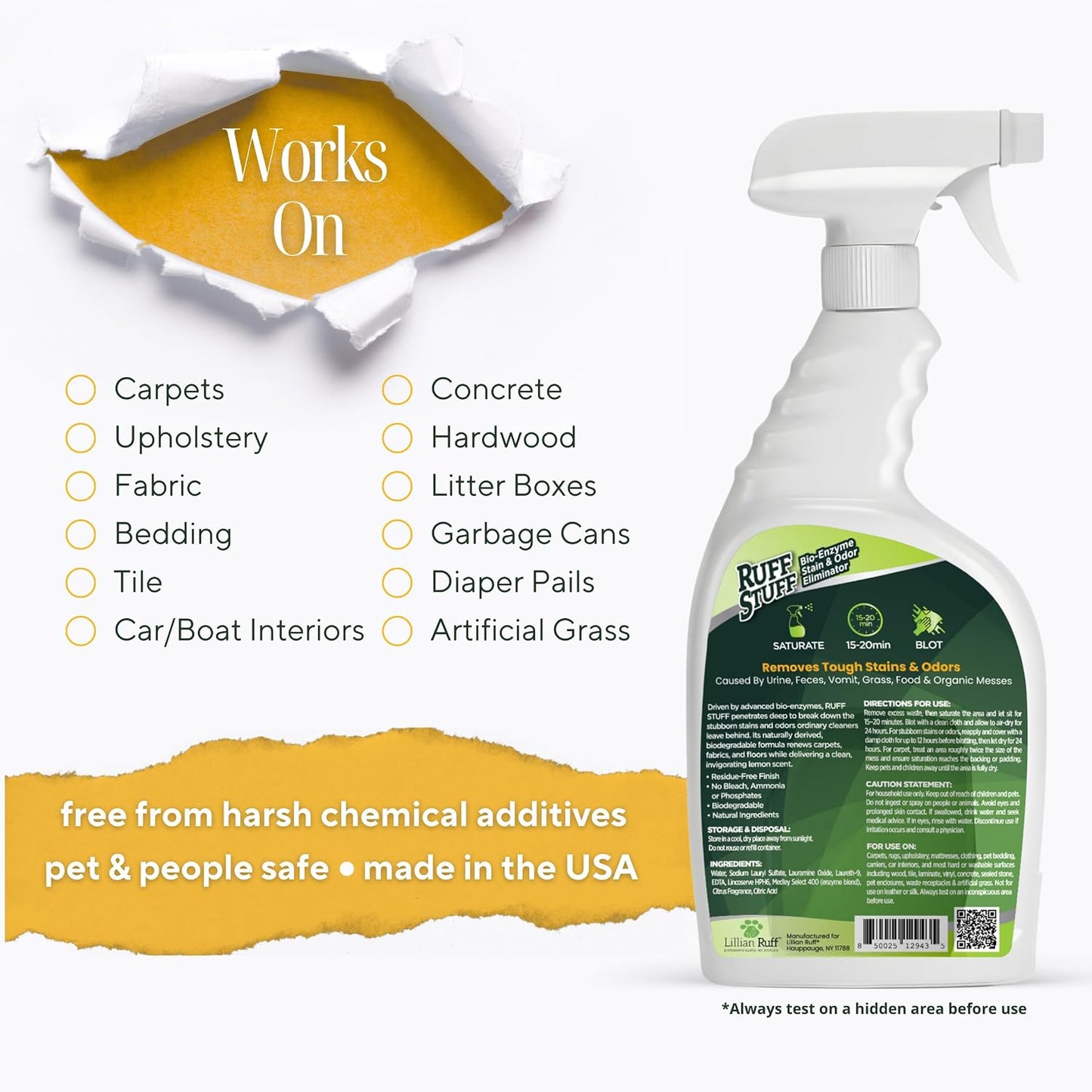 Lillian Ruff pet stain and odor remover being applied to sofa fabric upholstery