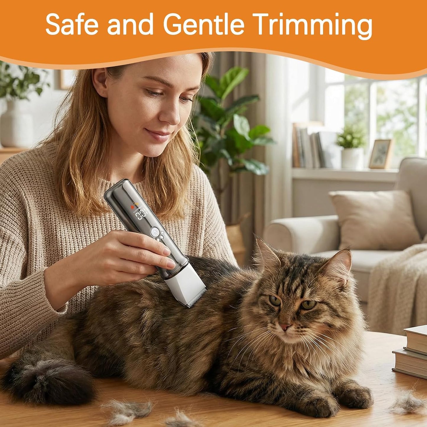 Quiet motor pet hair shaver being used to groom sensitive areas on a cat