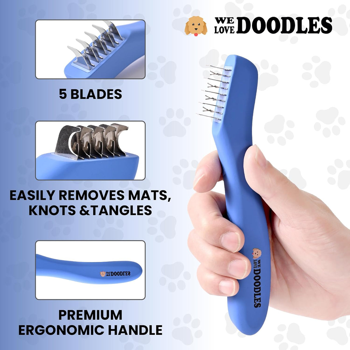 We Love Doodles Dematting Comb for Dogs - Dog Hair Mat Remover, Detangler Comb & Deshedding Tool, Removes Tangles, Knots, & Loose Hair, Metal Comb, Ergonomic Handle Family (5 Blades) - Image 2