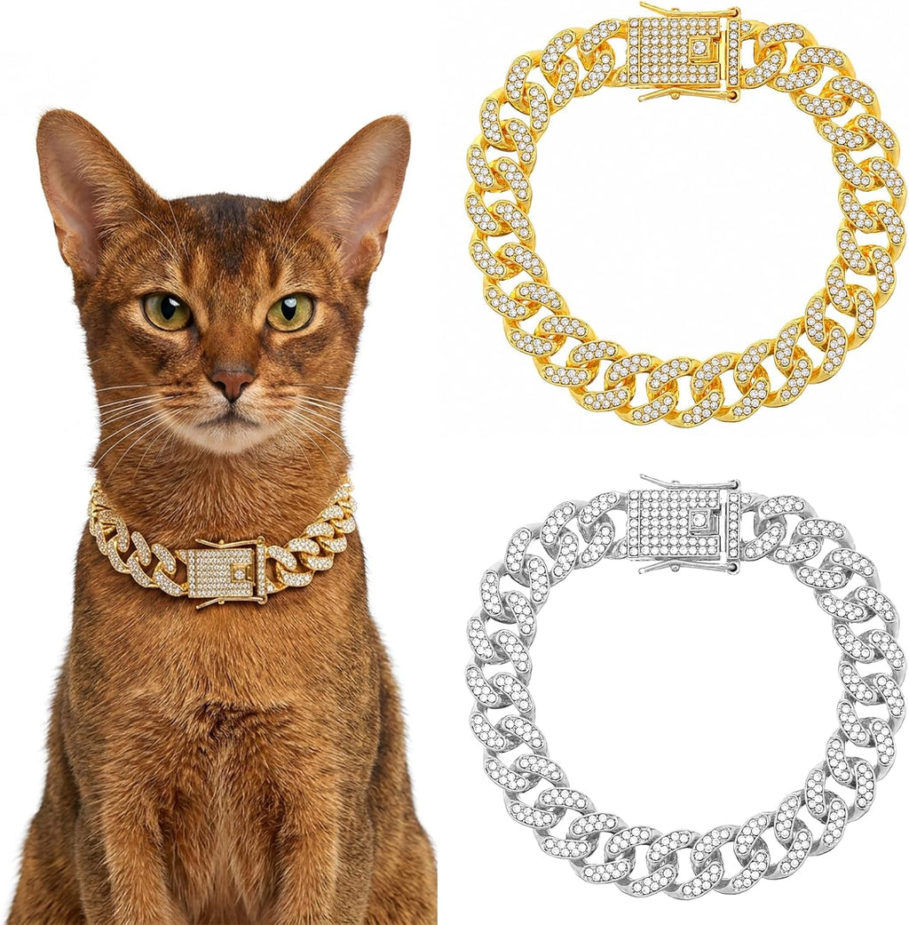 Grevosea diamond cuban link cat collar two piece front view featuring gold and silver rhinestone pet chains