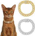 Grevosea diamond cuban link cat collar two piece front view featuring gold and silver rhinestone pet chains