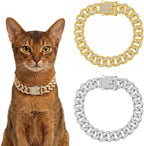 Grevosea diamond cuban link cat collar two piece front view featuring gold and silver rhinestone pet chains