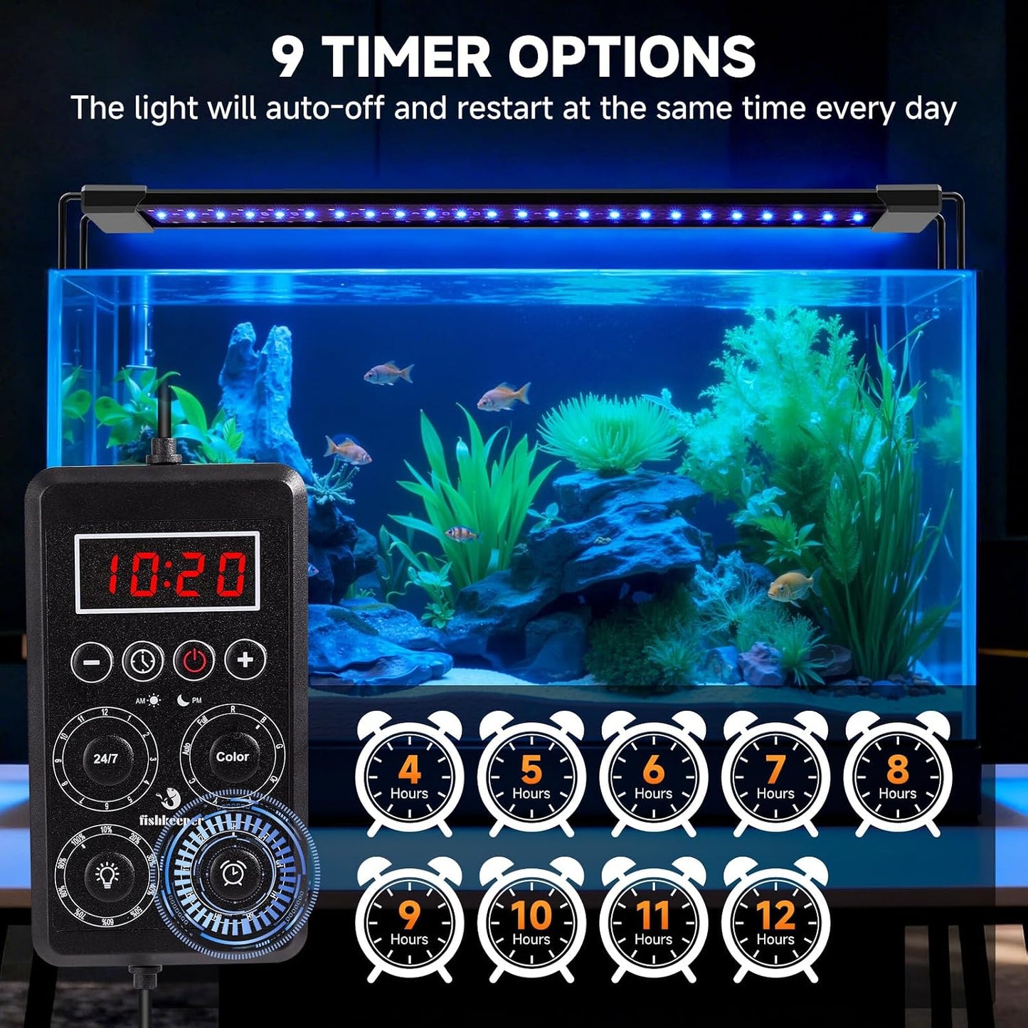 Fishkeeper waterproof aquarium plant light showcasing the extendable brackets adjusted on a glass tank.