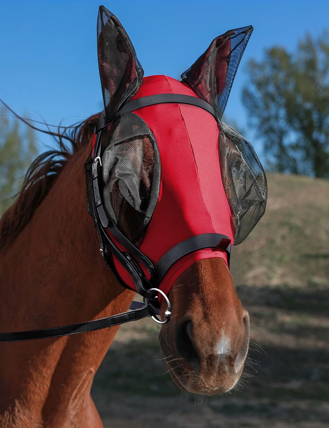 Horse Fly Mask with Ears, UV Protection, Breathable Mesh, Snug Fit Wear Under Halter, Fly Mask for Horses Royal Blue Full Size - Image 10