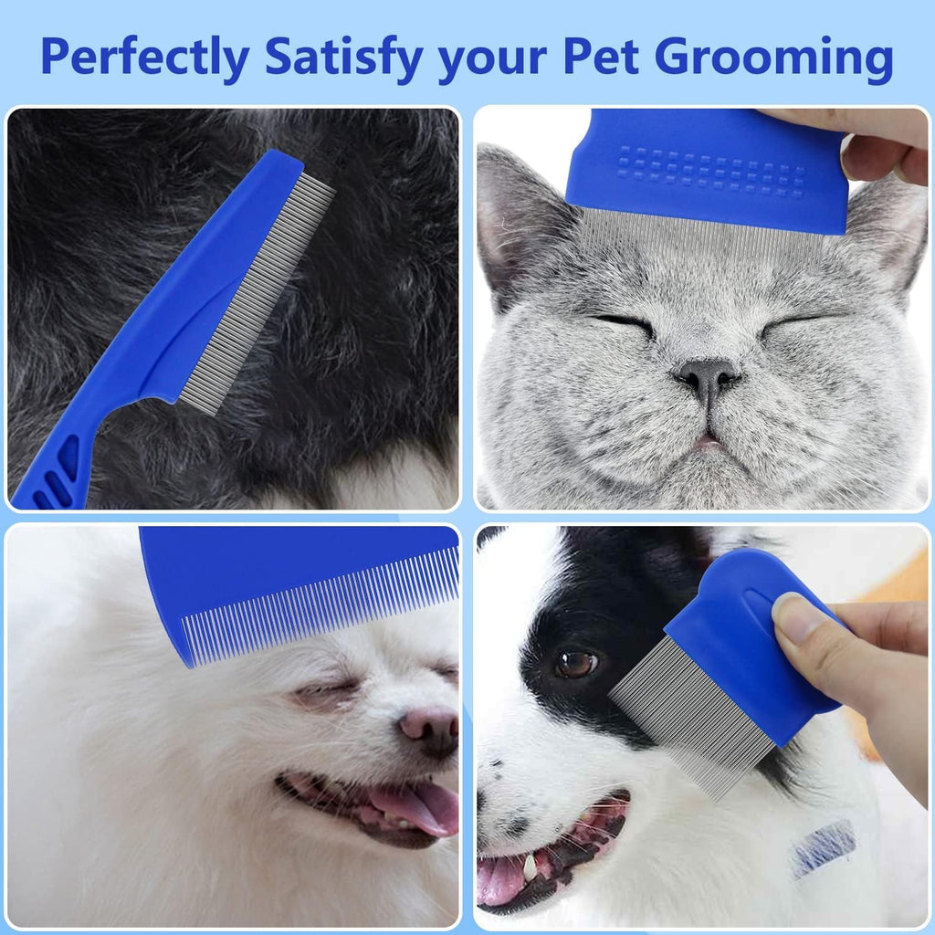 FUYIHGL blue 4 piece pet flea comb set arranged neatly illustrating different comb styles for all hair types.