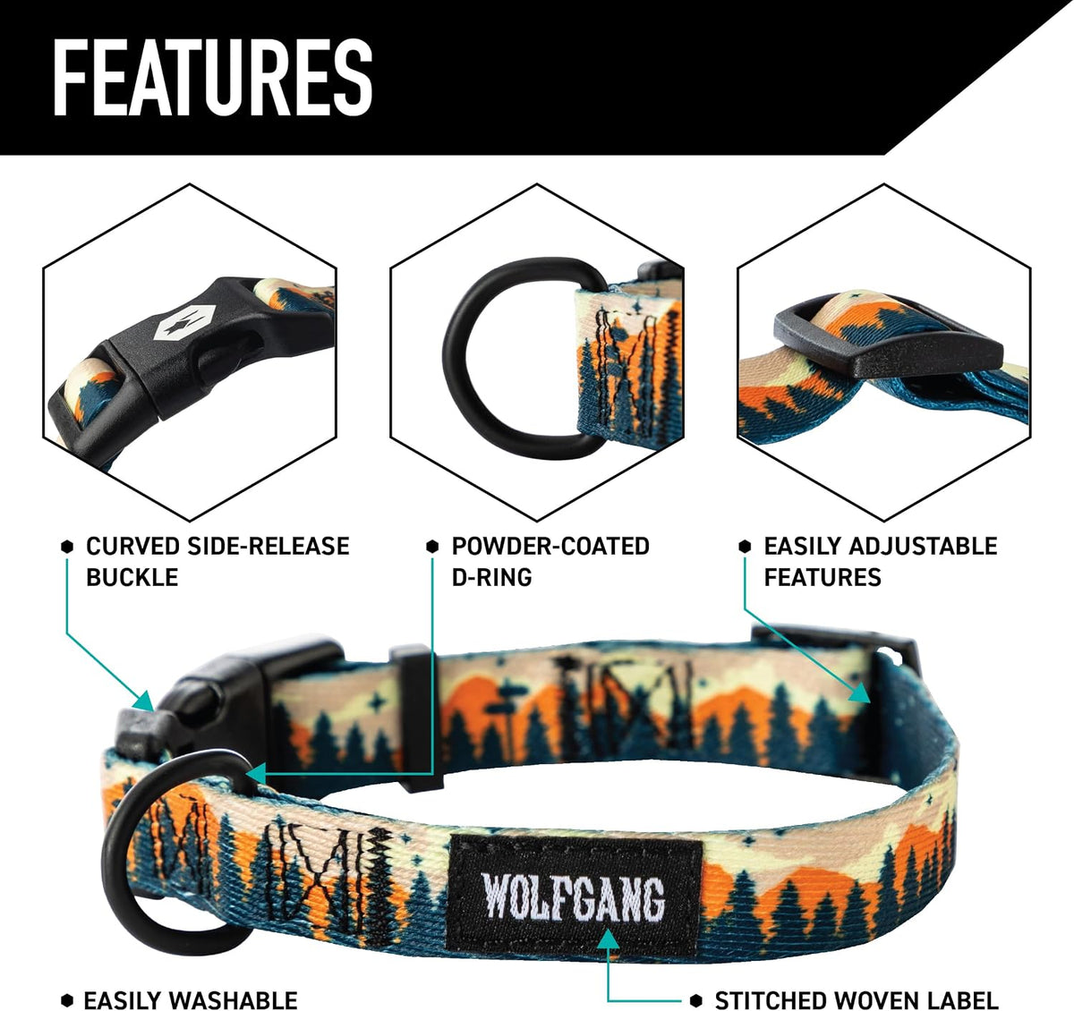 Wolfgang premium dog collar in Overland print with quick release nylon clip buckle close up