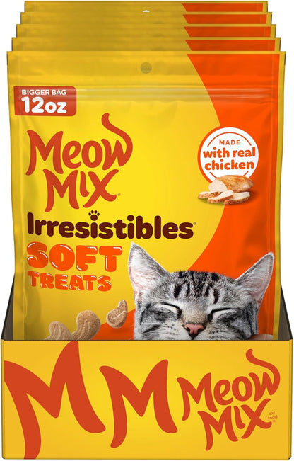 Stack of 5 Meow Mix Irresistibles soft cat treat bags