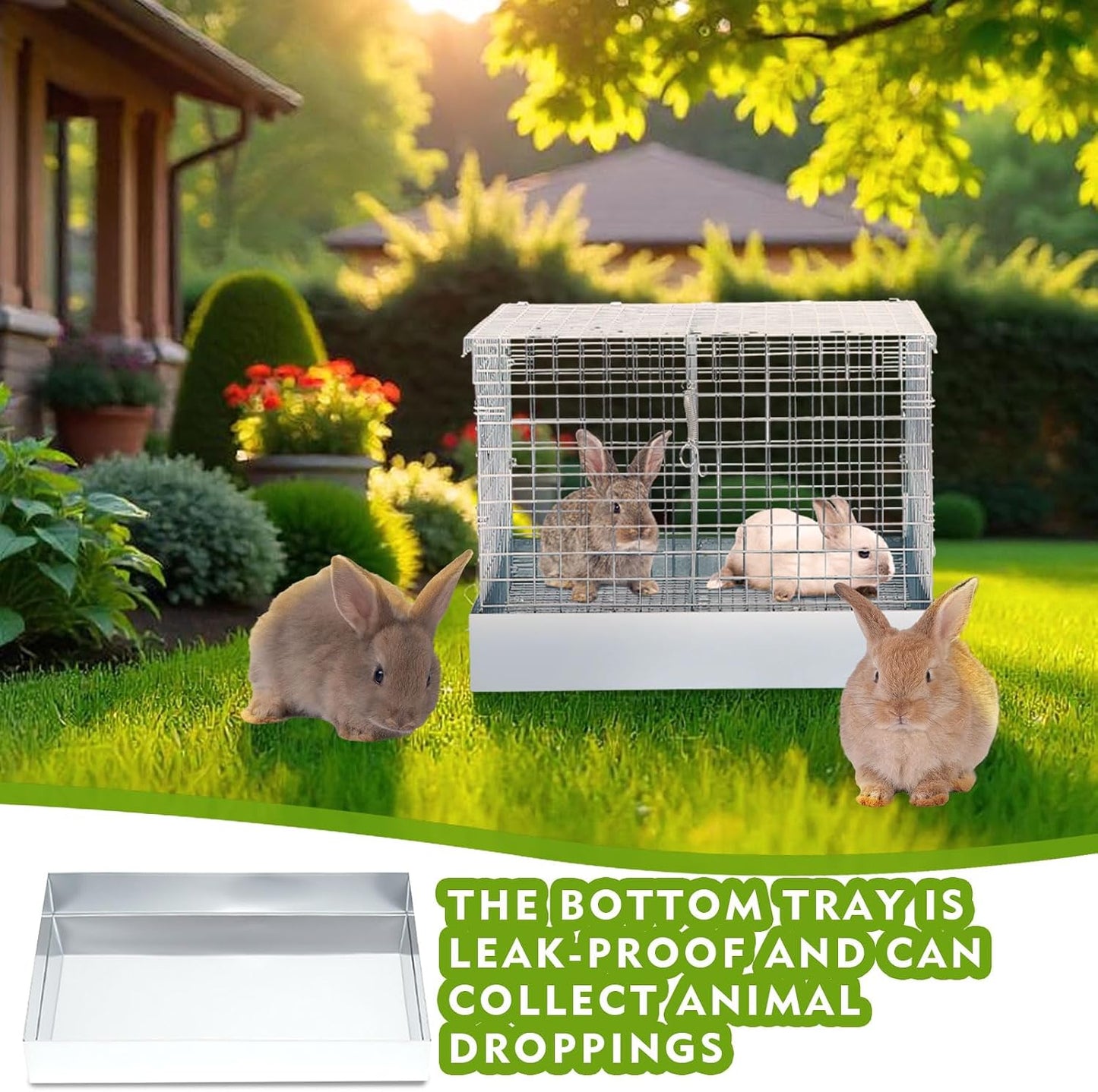 DoubleFill 2 Hole Foldable Rabbit Transport Cage, 18 x 18 x 14 in Portable Metal Bunny Carrier with Tray & Handles for Travel Temporary, Small Animal Cage for Guinea Pigs Hamster Indoor Outdoor - Image 7