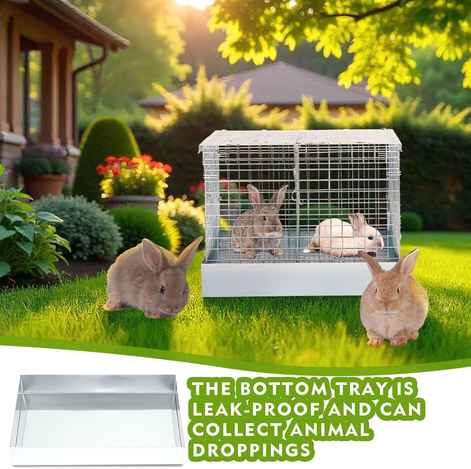 DoubleFill 2 Hole Foldable Rabbit Transport Cage, 18 x 18 x 14 in Portable Metal Bunny Carrier with Tray & Handles for Travel Temporary, Small Animal Cage for Guinea Pigs Hamster Indoor Outdoor - Image 7