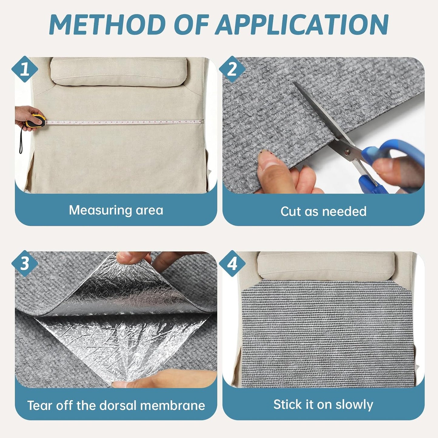 Step by step guide showing cat mat being trimmed to size