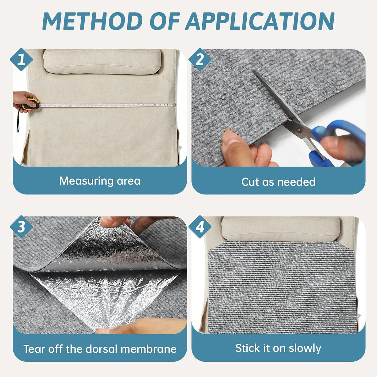 Step by step guide showing cat mat being trimmed to size