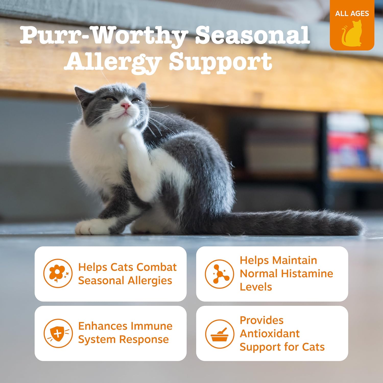 Zesty Paws Aller-Immune Bites bacon flavor container showing natural allergy support ingredients