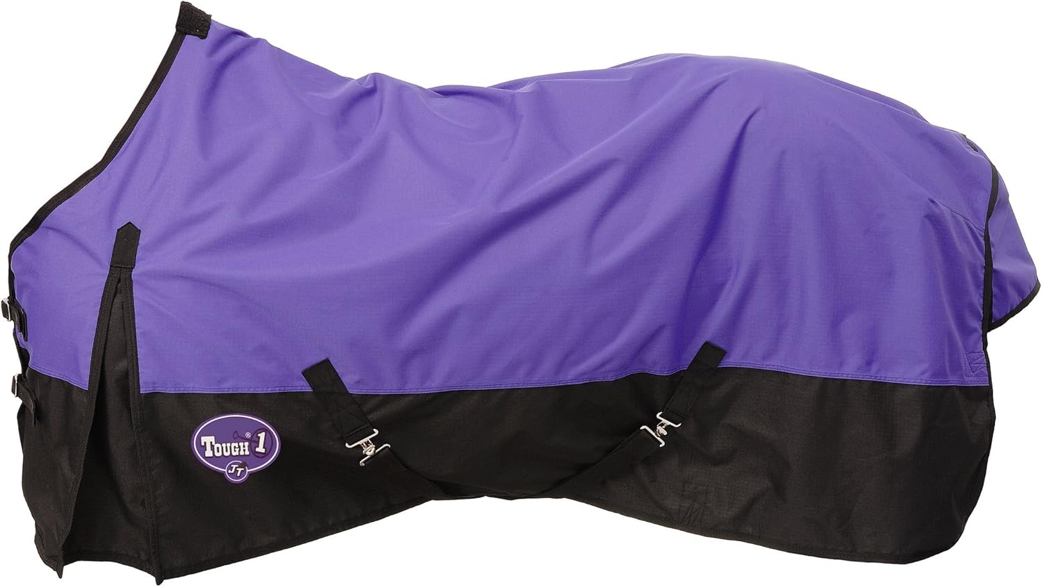 Tough 1 waterproof horse cover rear view focusing on the large gusseted tail flap and adjustable leg straps.