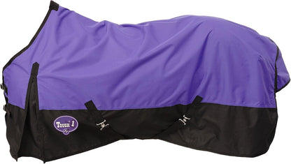 Tough 1 waterproof horse cover rear view focusing on the large gusseted tail flap and adjustable leg straps.