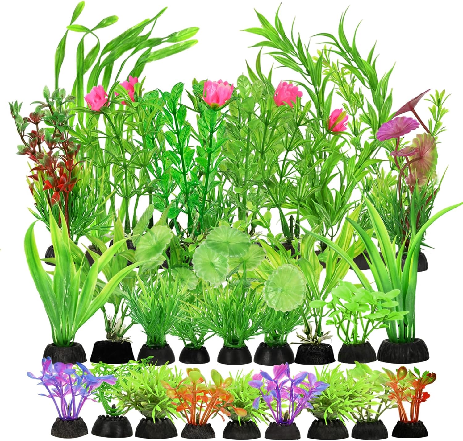 Gupawix artificial aquarium plants thirty piece set front view inside a clear glass fish tank