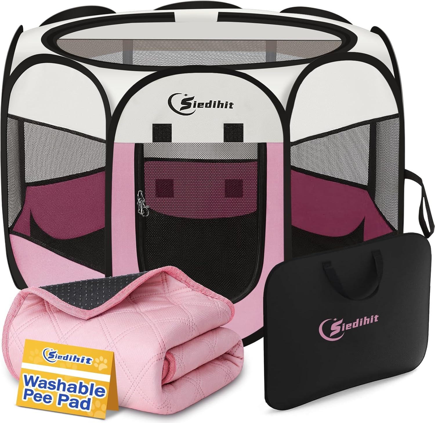 Siedihit Dog Cat Playpen, Puppy Pet Playpen Indoor for Small Dog Crate Tent Cage Outdoor, Portable Pop Up Dogs Enclosure Kennel with Carrying Case for Dogs/Cats/Rabbits(Pink, Small with pad) - Image 1