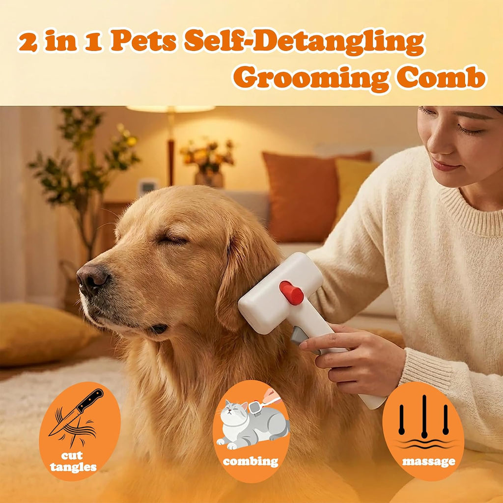 Self-cleaning deshedding brush showing the safety lock switch for cats and dogs.