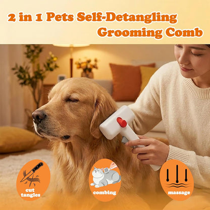 Self-cleaning deshedding brush showing the safety lock switch for cats and dogs.
