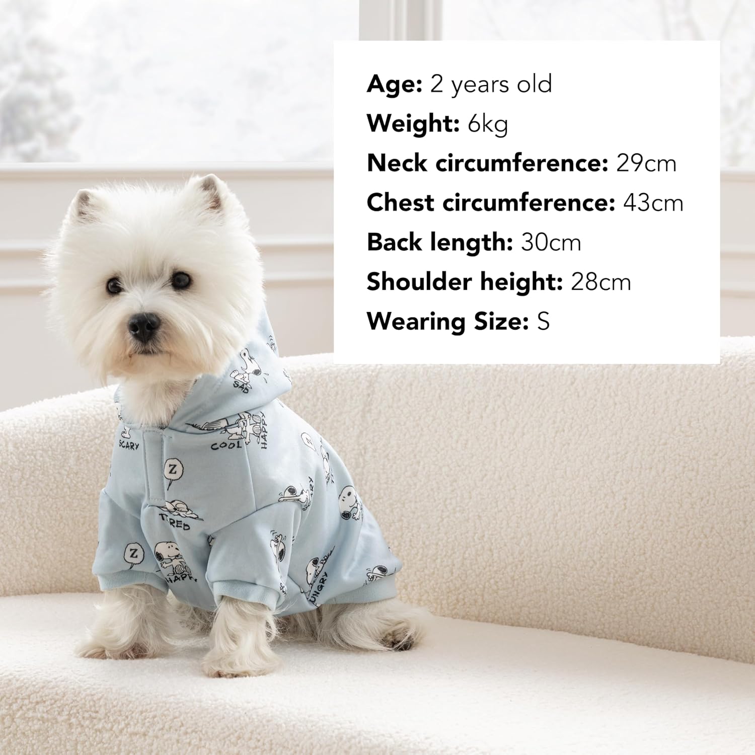 Berkshire Blanket Peanuts small pet hoodie highlighting the different emotion sheet scale graphics.