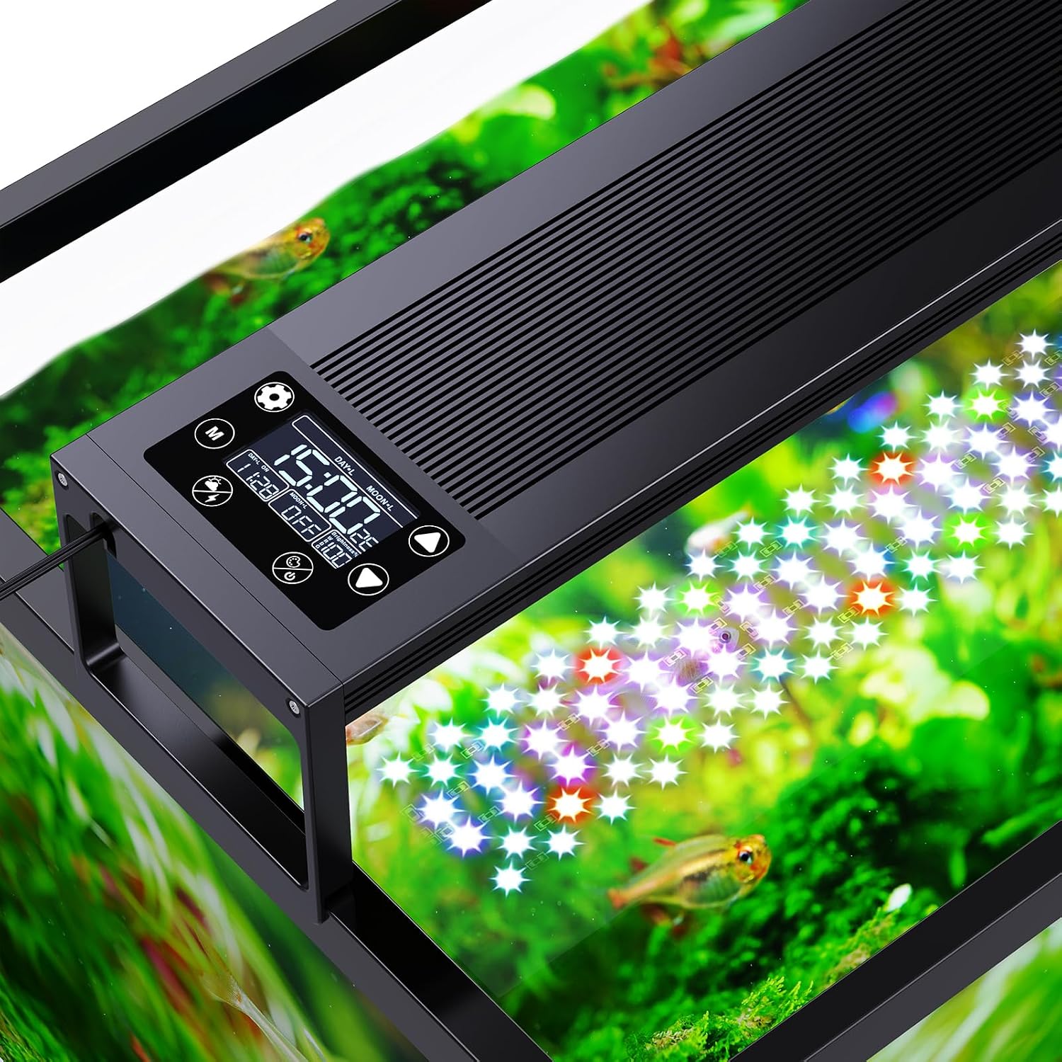 Seaoura LED aquarium light showing the extendable bracket installation system.