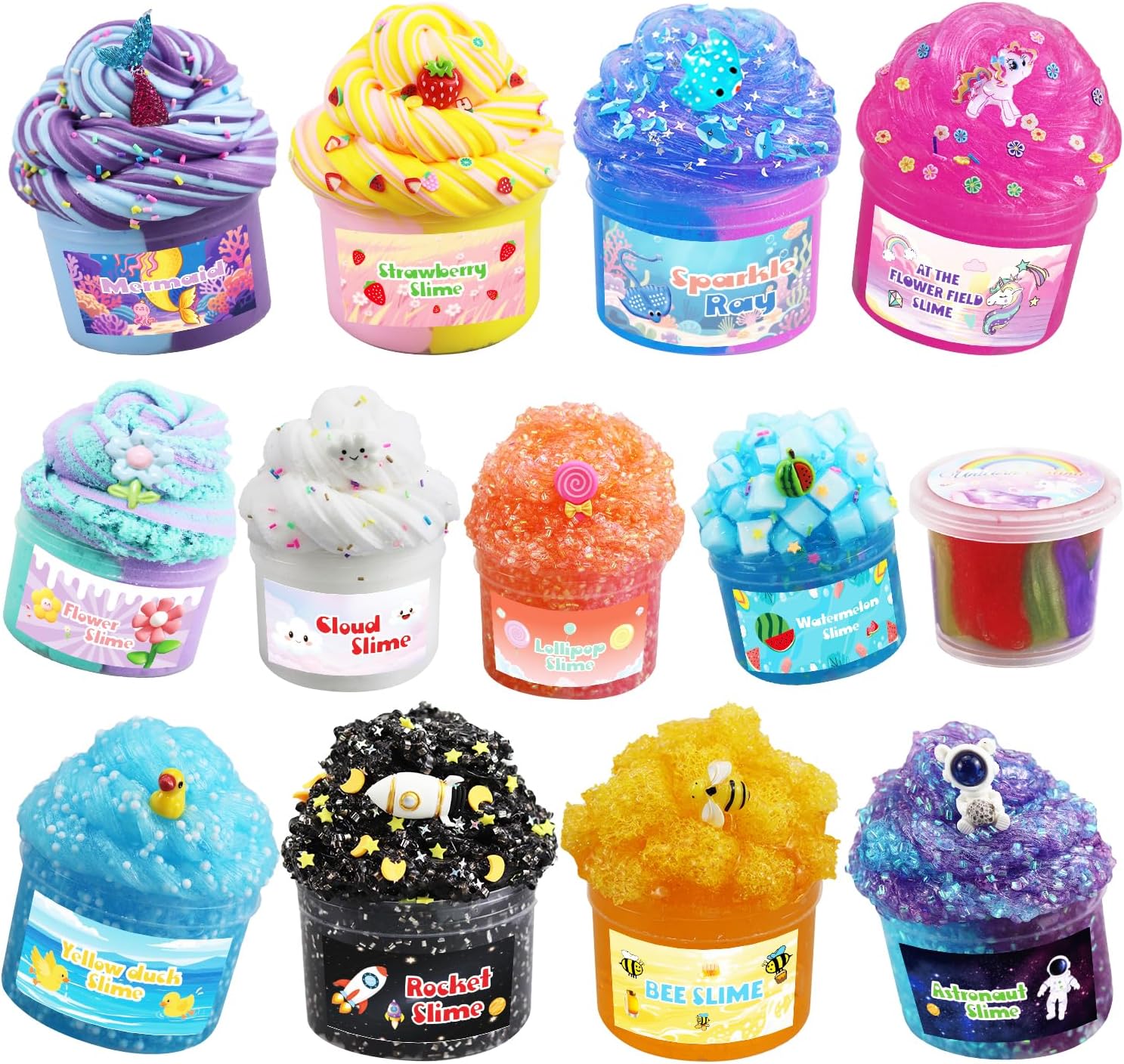 GHFEOOHN 13 Pack Crunchy Slime Kit front view showcasing diverse colorful themed jars with cute charms.