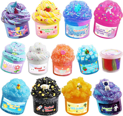 GHFEOOHN 13 Pack Crunchy Slime Kit front view showcasing diverse colorful themed jars with cute charms.