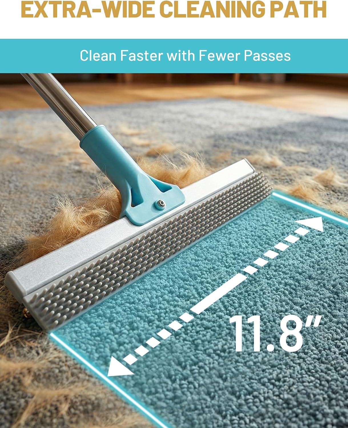 Silicone side of Delomo carpet rake tool used on shag rug