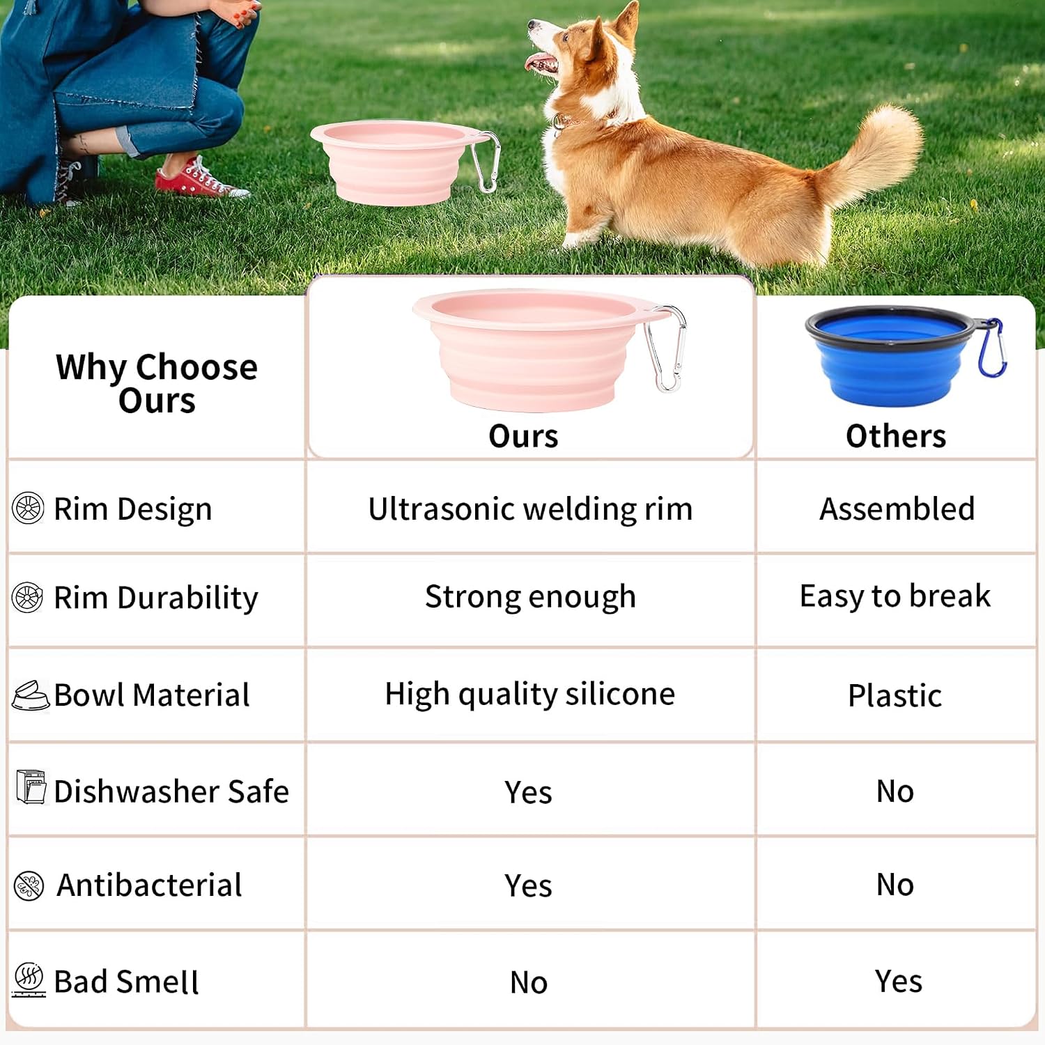 Pink and green collapsible pet water bowls designed for dogs and cats