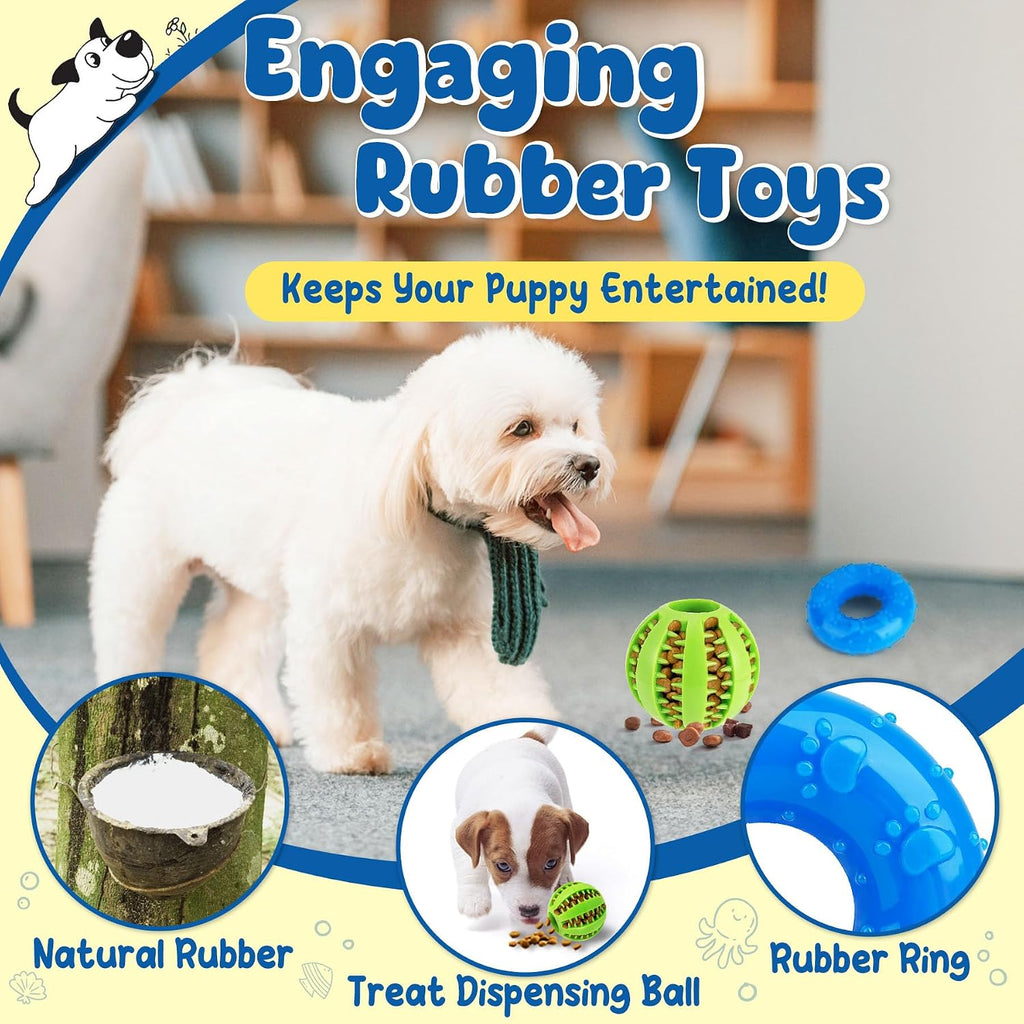 Small breed puppy chewing on a colorful KIPRITII teething toy for boredom relief