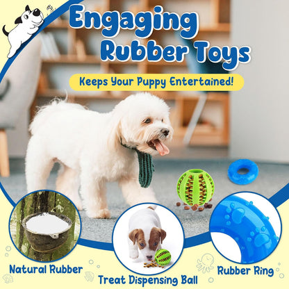 Small breed puppy chewing on a colorful KIPRITII teething toy for boredom relief