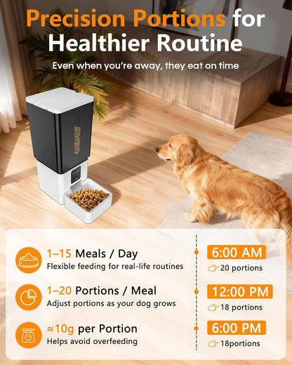 UTCG automatic dog feeder smartphone app interface displaying customizable meal scheduling and portion control options.