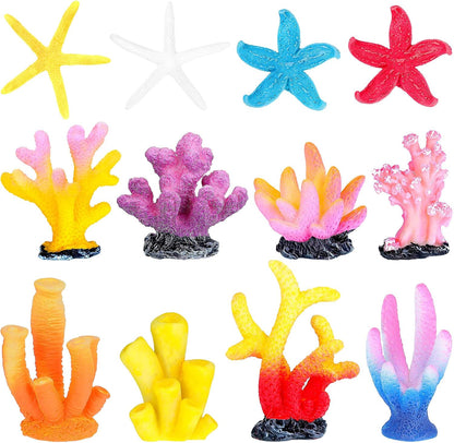 Mimorou artificial coral plant aquarium decorations front view showcasing twelve colorful polyresin pieces