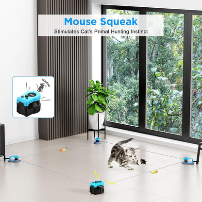 Electronic cat hunting toy featuring automated mouse sound simulator and feather attachment
